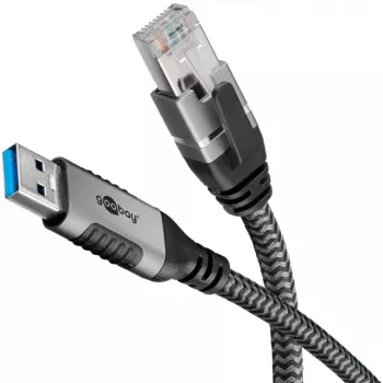 Ethernet-Cable USB-A 3.2 Gen1 Plug > RJ-45 Plug, LAN-Adapter black/Silver, 5 Meter, braided textile jacket