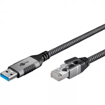 Ethernet-Cable USB-A 3.2 Gen1 Plug > RJ-45 Plug, LAN-Adapter black/Silver, 3 Meter, braided textile jacket
