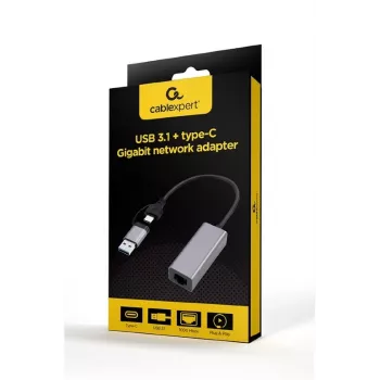 Gembird A-USB3AC-LAN-01 USB 3.1 + Type-C Gigabit Network Adapter, 1x RJ-45, 10/100/1000 Mbps, Metal Housing, Space Grey