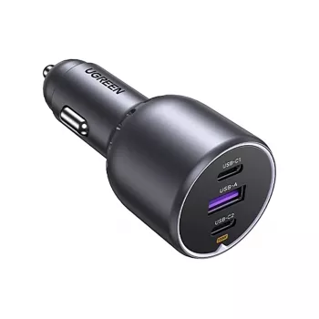 Ugreen 130W 3-Port Fast Car Char gray Headphones, Mobile computer, Mobile phone, Laptop, Power bank, Telephone Grey Cigar lighter Auto