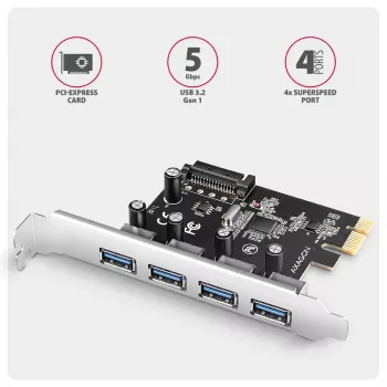Axagon PCEU-430RS PCIe 2.0 x1 controller card, 4x external USB-A 5Gbps (USB 3.2 Gen 1), Renesas PD720201, UASP, SATA 15-pin power