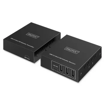 USB 3.2 Gen1 CAT-förlängare från DIGITUS DA-73121 — 5 Gbit/s, 4 portar (3× USB-A, 1× USB-C), 100 m, DC-drift