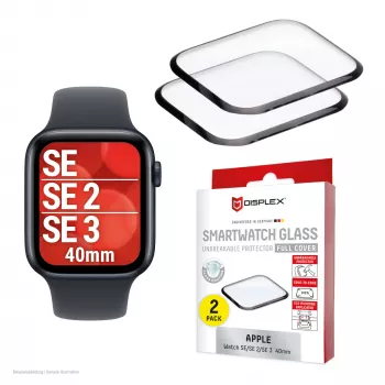 Displex okrossbart fulltäckande härdat glas Apple Watch SE3/SE2/SE (40mm), 2-pack, ultratunn, ramlös, Eco Mount