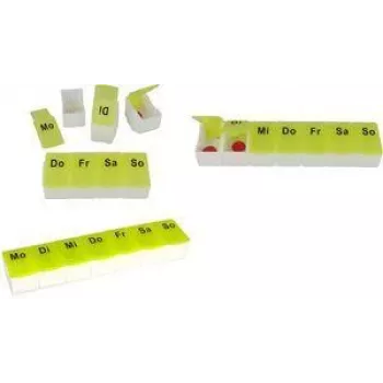 Pill organizer box 7 dagar, first aid only, plast vit/grön med 7 uttagbara fack, BPA-fri