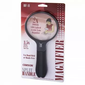 Magnifier Carson Split Handle HF-11 — 3.5× handheld magnifying glass, black/transparent, AAA battery