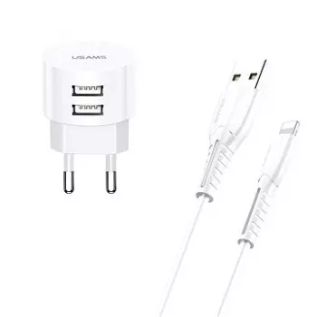 usams laddare T20 2x USB 2.1A med Lightning-kabel – portabel USB-väggladdare