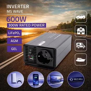 Qoltec MS Wave Power växelriktare 12V till 230V 300/600W USB kompatibel med LiFePO4 GEL AGM