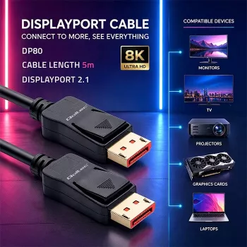 Qoltec DisplayPort v2.1-kabel kontakt till kontakt 8K 54G 5 m svart