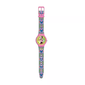 PULIO analog klocka i plåtburk - Disney Minnie Mouse, rosa PU-läderarmband, kvartsverk, 30 mm metallboett, stänksäker, flickor från 6 år