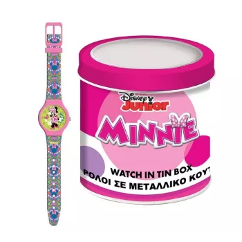 PULIO analog klocka i plåtburk - Disney Minnie Mouse, rosa PU-läderarmband, kvartsverk, 30 mm metallboett, stänksäker, flickor från 6 år