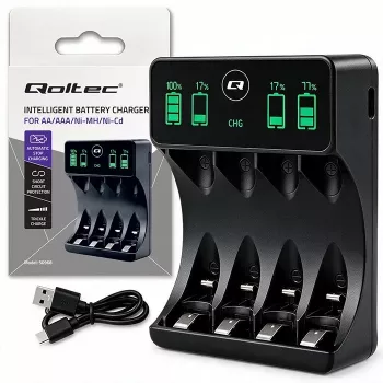 Qoltec 50968 NiMH-batteriladdare för AA/AAA med LCD och USB-C-kabel, svart