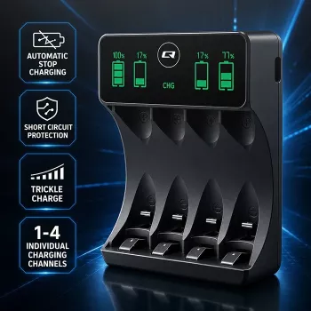 Qoltec 50968 NiMH-batteriladdare för AA/AAA med LCD och USB-C-kabel, svart
