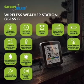 GREENBLUE GB169 B trådlös väderstation med färgdisplay och utomhussensor