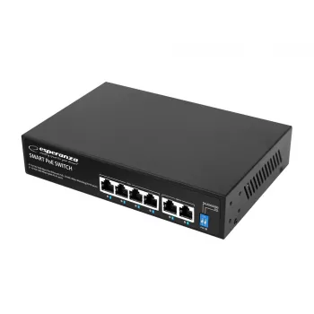 ESPERANZA 6-portars PoE+ Gigabit-switch 65W GOLIATH (4 PoE+-portar, 2 uplink, 12 Gbps, fläktlös metall)