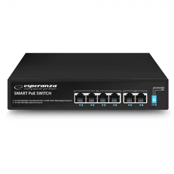 ESPERANZA 6-portars PoE+ Gigabit-switch 65W GOLIATH (4 PoE+-portar, 2 uplink, 12 Gbps, fläktlös metall)