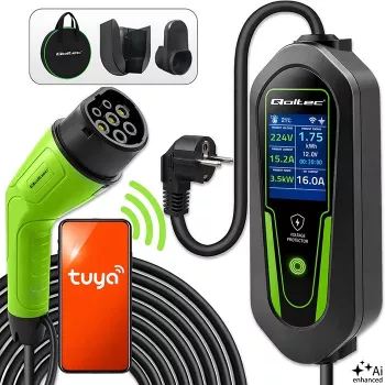 Qoltec bärbar EV-laddare typ 2 till Schuko 3,5 kW 16 A 5 m kabel med Wi-Fi och LCD