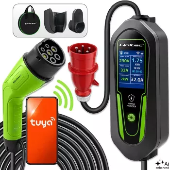 Qoltec Type 2 EV-laddare med justerbar ström, 7 kW, 230 V, CEE 32 A, Wi-Fi, Tuya Smart Life, LCD, 5 m kabel