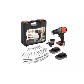BLACK & DECKER 18V batteridriven slagborrskruvdragare med 2 x 2,0 Ah batterier, laddare och 80 tillbehör