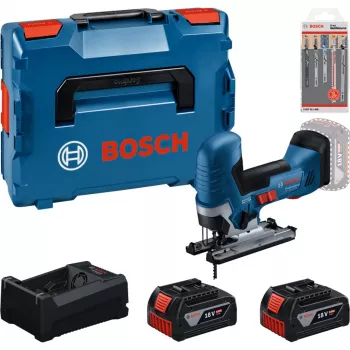 BOSCH PowerTools batteristyrd sticksågsset med 2 batterier 5,0 Ah, snabbladdare och sticksågsbladsset i L-BOXX (Boxed)