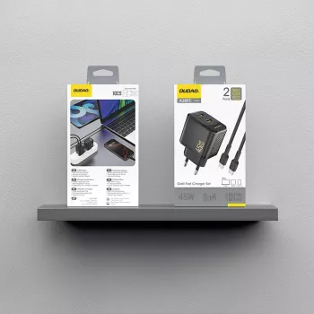 Dudao A28PCEU 45W GaN-nätaggregat med 2x USB-C och 1 m USB-C-kabel – svart