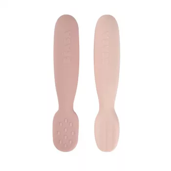 Beaba set med 2 silikon första skedar & bitringar Cotton Candy/Sorbet