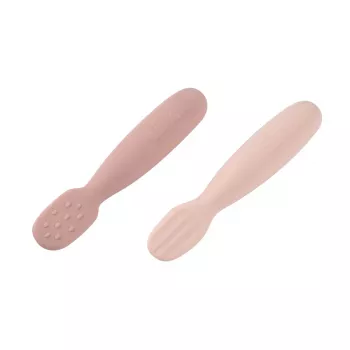 Beaba set med 2 silikon första skedar & bitringar Cotton Candy/Sorbet