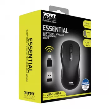 PORT Designs PORT Connect Professional ESSENTIAL trådlös optisk mus – 5 knappar – 2,4 GHz, Bluetooth – USB-mottagare – svart