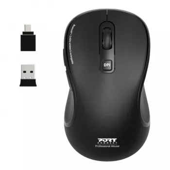 PORT Designs PORT Connect Professional ESSENTIAL trådlös optisk mus – 5 knappar – 2,4 GHz, Bluetooth – USB-mottagare – svart