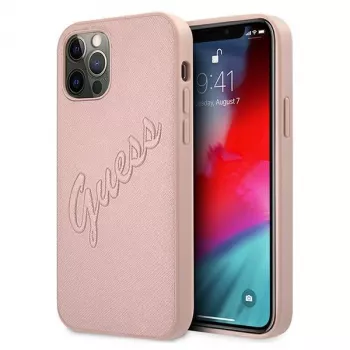 Guess GUHCP12LRSAVSRG Saffiano Vintage Script Hard Case för Apple iPhone 12 Pro Max, rosa