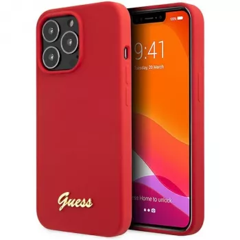 Guess GUHCP13XLSLMGRE iPhone 13 Pro Max 6,7 inch vinrött silikonskal med Vintage Gold-logotyp