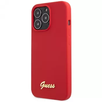 Guess GUHCP13XLSLMGRE iPhone 13 Pro Max 6,7 inch vinrött silikonskal med Vintage Gold-logotyp