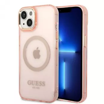 Guess Gold Outline Translucent MagSafe hårt skal för iPhone 13/14/15 6,1 inch rosa