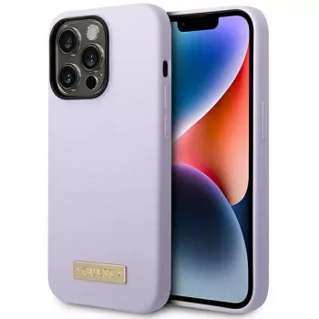 Guess GUHMP14LSBPLU silikonhårt skal med logoplatta för Apple iPhone 14 Pro 6,1 inch - lila, MagSafe-kompatibel