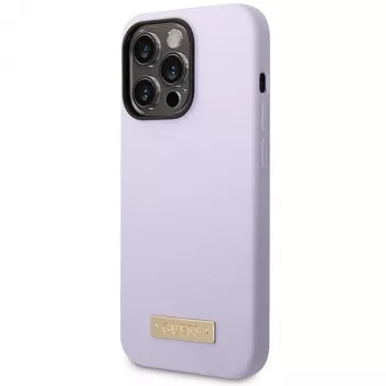 Guess GUHMP14LSBPLU silikonhårt skal med logoplatta för Apple iPhone 14 Pro 6,1 inch - lila, MagSafe-kompatibel