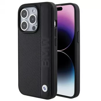 BMW BMHCP15L22RDPK iPhone 15 Pro 6,1 inch hårt skal läder textur & ränder svart