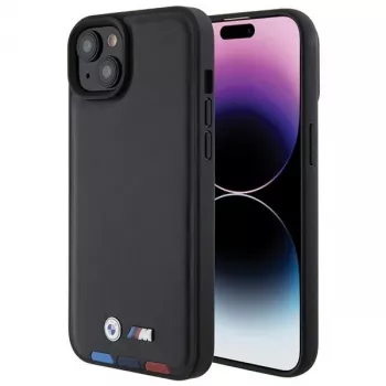 BMW M Collection Leather Stamp Back Cover för iPhone 15 Plus / 14 Plus 6,7 inch – Black Tricolor
