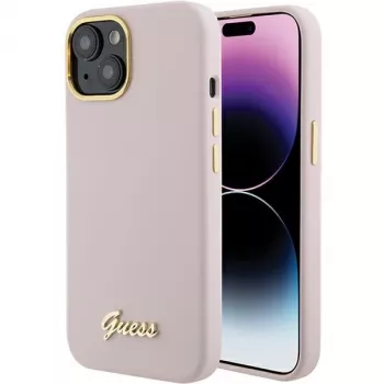Guess GUHCP15SSMBSLP Silicone Script Metal Logo & Frame Hard Case for Apple iPhone 15 / 14 / 13 6.1 inch - Pink