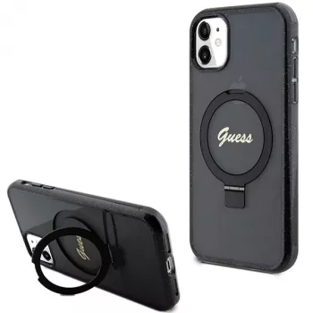 Guess GUHMN61HRSGSK iPhone 11 / XR 6,1 svart hårt skal ringstativ Script Glitter MagSafe
