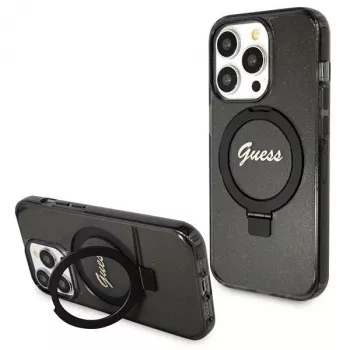 Guess GUHMP14LHRSGSK iPhone 14 Pro 6,1 hårt skal ringstativ Script Glitter MagSafe svart
