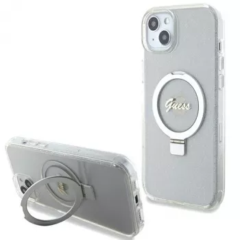 Guess GUHMP15MHRSGSD iPhone 15 Plus / 14 Plus 6,7 inch transparent hårt skal ringstativ Script Glitter MagSafe
