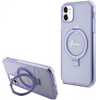 Guess GUHMN61HRSGSU iPhone 11 / XR 6,1 inch lila hårt skal ringstativ Script Glitter MagSafe