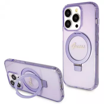 Guess GUHMP14LHRSGSU iPhone 14 Pro 6,1 hårt skal ringstativ Script Glitter MagSafe lila