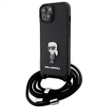 Karl Lagerfeld KLHCP15SSASKNPSK iPhone 15/14/13 6,1 inch hårt skal svart Crossbody Saffiano Monogram metallnål Karl & Choupette