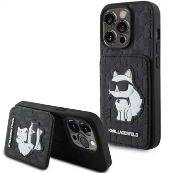 Karl Lagerfeld KLHCP15XSAKCNSCK iPhone 15 Pro Max 6,7 svart hårt skal Saffiano kortfack och ställ Monogram Choupette