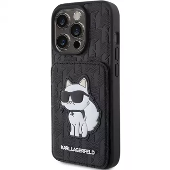 Karl Lagerfeld KLHCP15XSAKCNSCK iPhone 15 Pro Max 6,7 svart hårt skal Saffiano kortfack och ställ Monogram Choupette