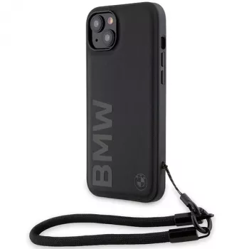 BMW Signature Leather Wordmark Cord hårt skal för iPhone 15 Plus / 14 Plus 6,7 inch – svart