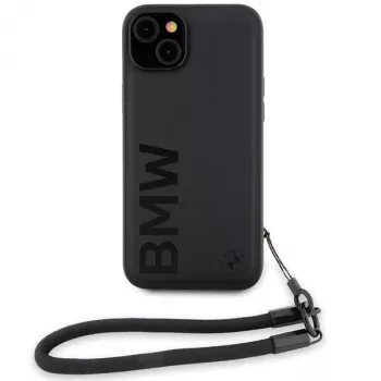 BMW Signature Leather Wordmark Cord hårt skal för iPhone 15 Plus / 14 Plus 6,7 inch – svart