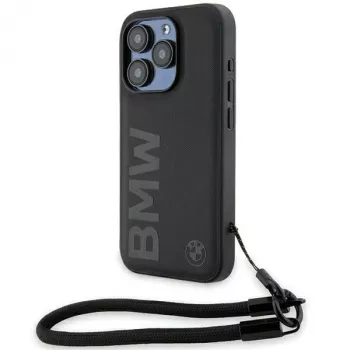 BMW Signature Leather Wordmark Cord Hard Case för iPhone 15 Pro 6,1 svart