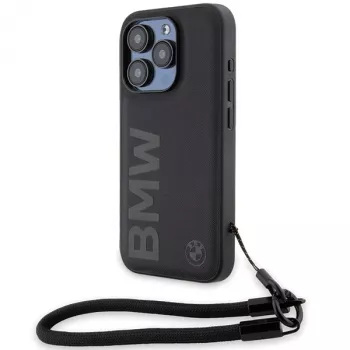 BMW Signature Leather hårt skal för iPhone 15 Pro Max 6,7 inch svart med snodd