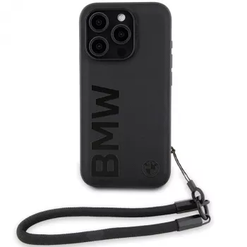 BMW Signature Leather hårt skal för iPhone 15 Pro Max 6,7 inch svart med snodd